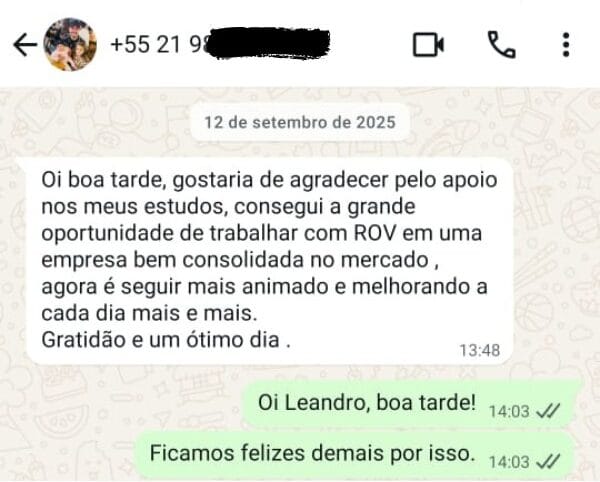 Depoimento de aluno do curso de inglês offshore via WhatsApp
