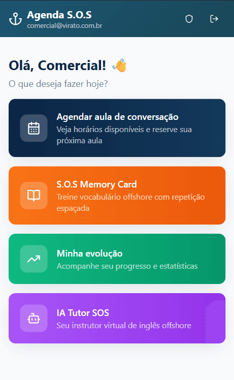 Tela inicial da plataforma SOS Inglês Offshore